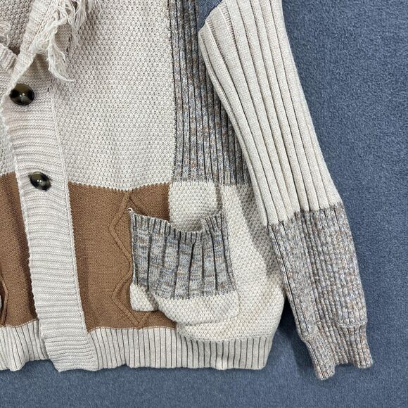 Shawl Collar Cardigan Sweater Womens M/L Beige Gray Patchwork Fringe Boho Knit - Picture 8 of 16